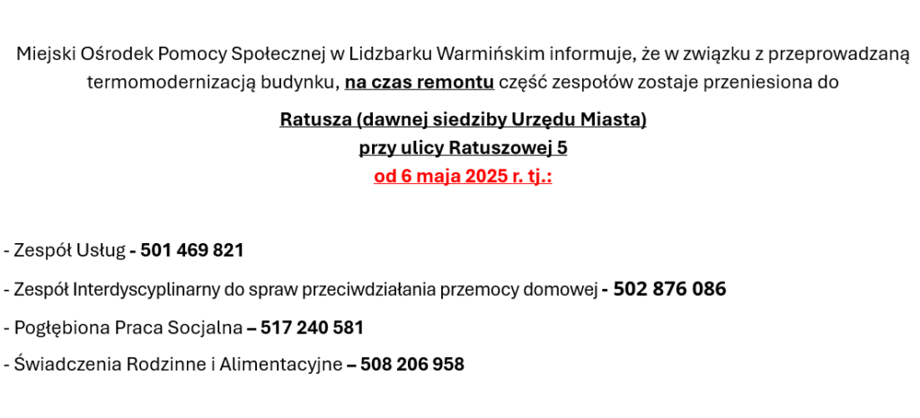 Informacja o przeniesieniu części zespołów do Ratusza.