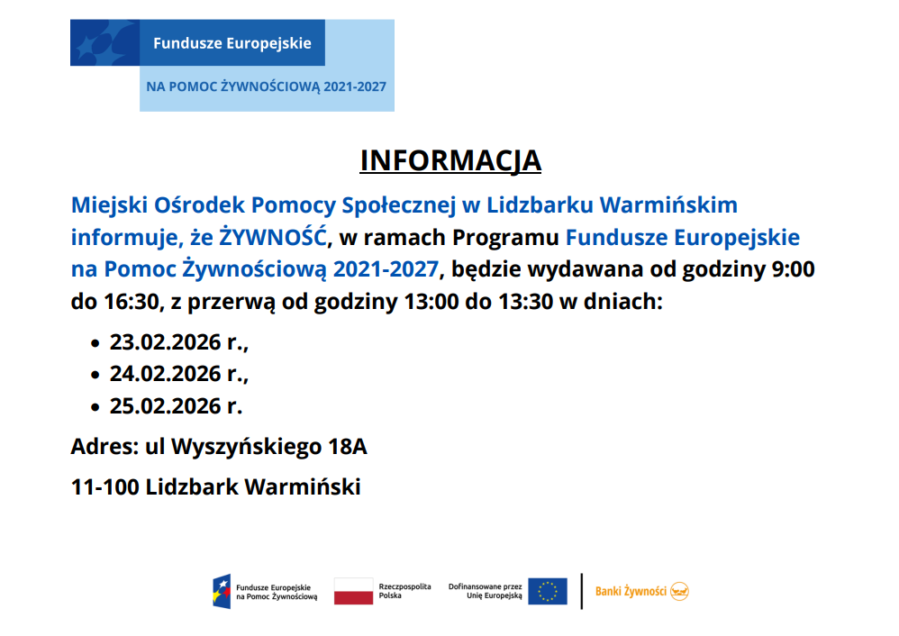 Informacja dotycząca wydawania żywności w lutym 2026 r.